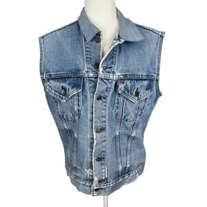 Vintage Levi's Denim Trucker Vest Cut Off Distressed Frayed Light Wash USA Sz M